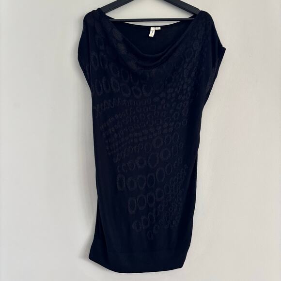 Tricot Joli Black Knit Tunic Shimmer Leopard Print Black Cowl Neck Size Large - Picture 2 of 9